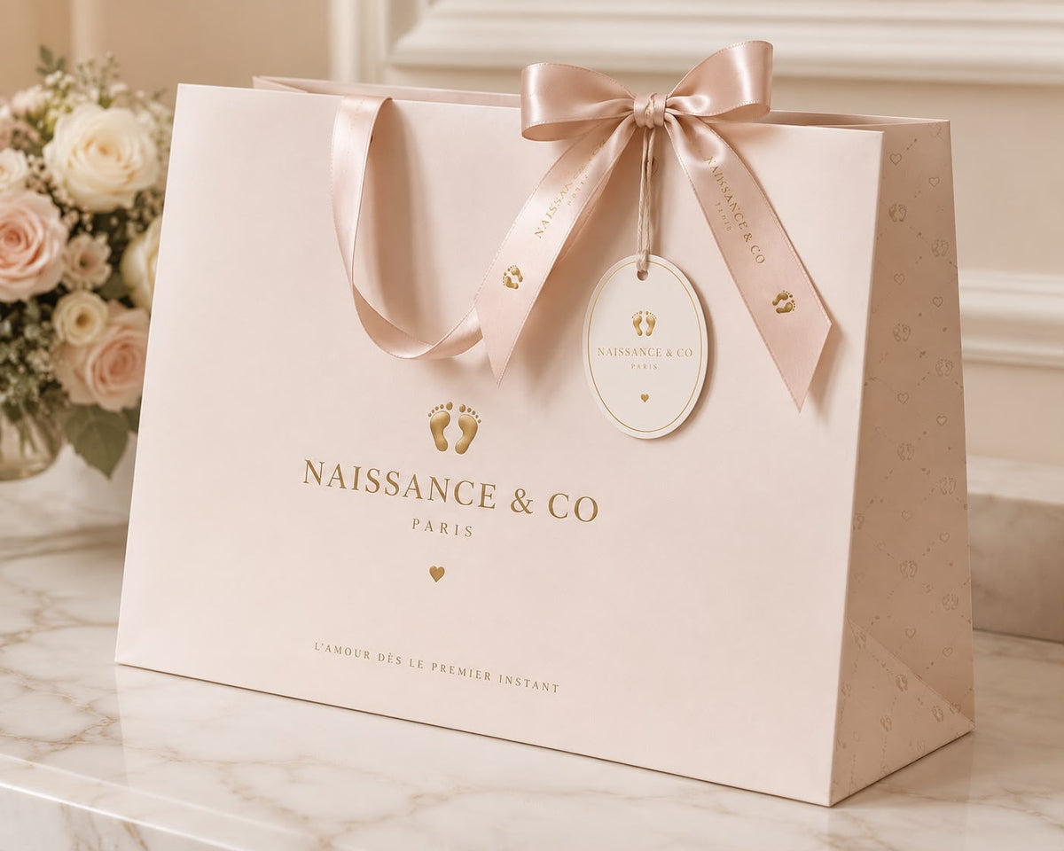 Sac cadeau rose poudré avec ruban satin — Naissance & Co Paris