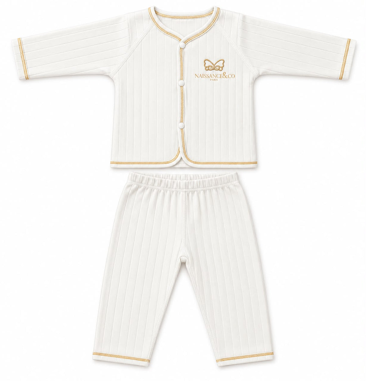 Set body boutonné et pantalon côtelé blanc liseré doré — Naissance & Co Paris