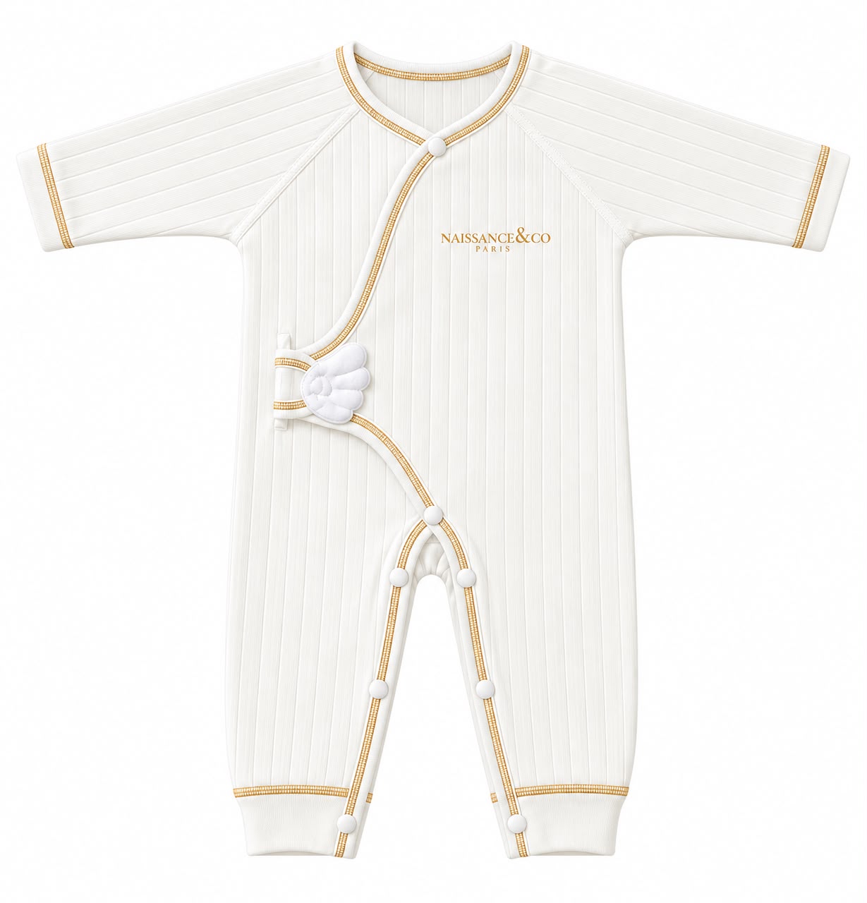 Pyjama kimono côtelé blanc liseré doré — Naissance & Co Paris