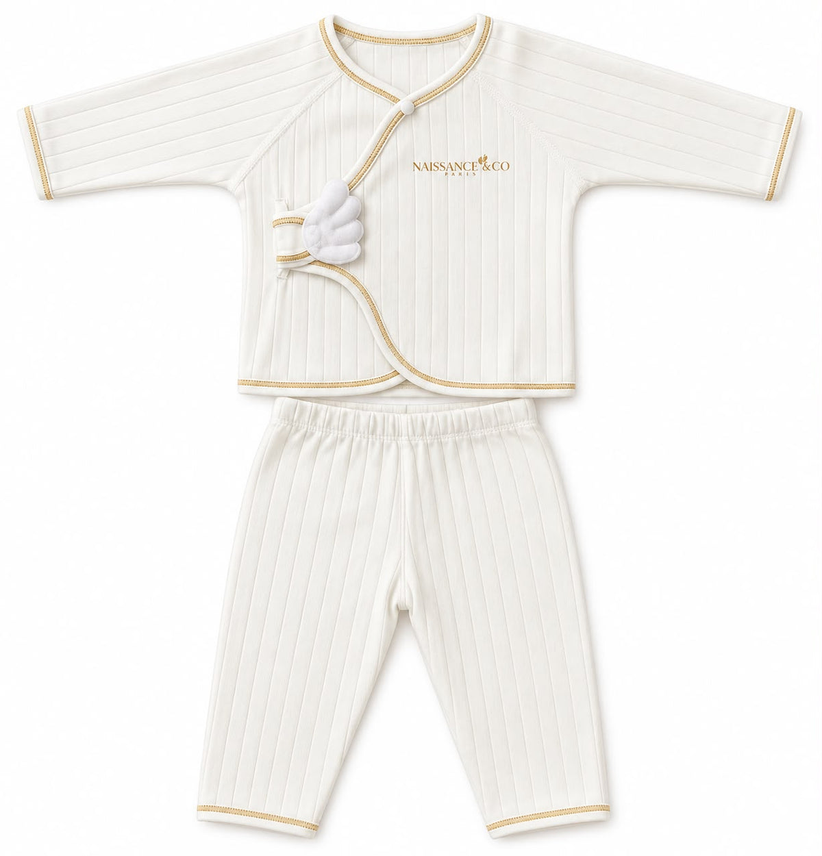 Set body croisé et pantalon côtelé blanc liseré doré — Naissance & Co Paris